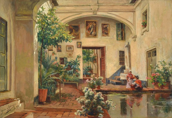 Two ladies talking in a garden with fountain and paintings by Manuel Garcia y Rodriguez